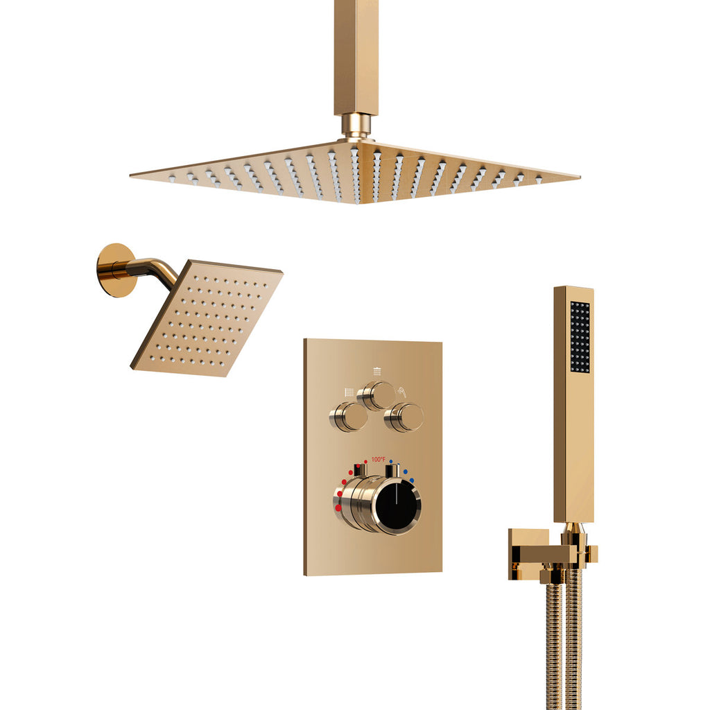 Ceiling Mount 12" High-Pressure Rainfall Shower Faucet, Dual Rainfall Shower Head System with Thermostatic Valve SFS1007-GM12 - Rose Gold
