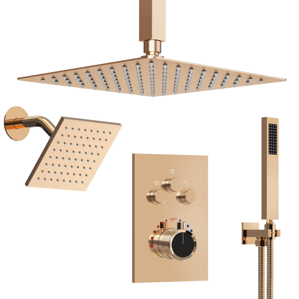Ceiling Mount 12" High-Pressure Rainfall Shower Faucet, Dual Rainfall Shower Head System with Thermostatic Valve SFS1007-GM12 - Rose Gold