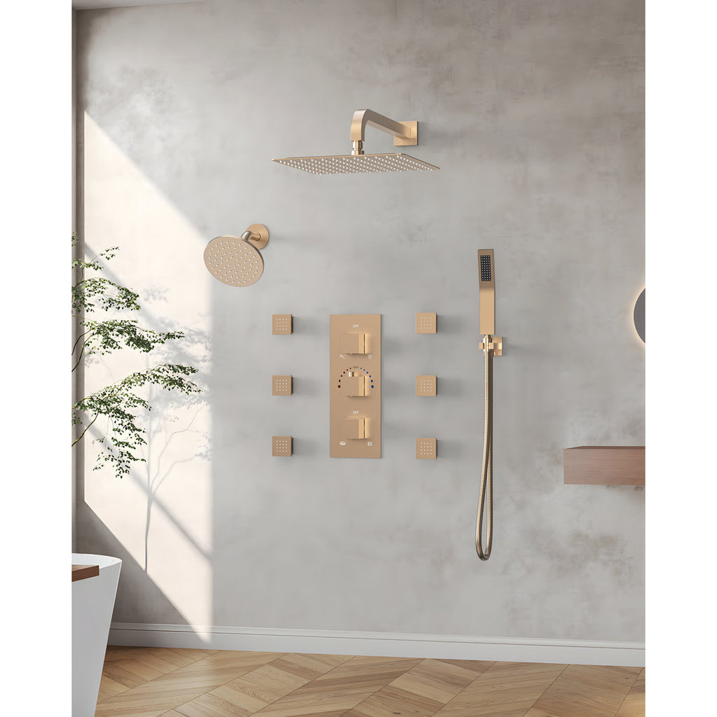 DualJetSpa 12" Wall-Mounted Thermostatic Shower System with Dual Showerheads, Handheld Shower and 6 Body Jets SFS-1017-GM12 - Rose Gold