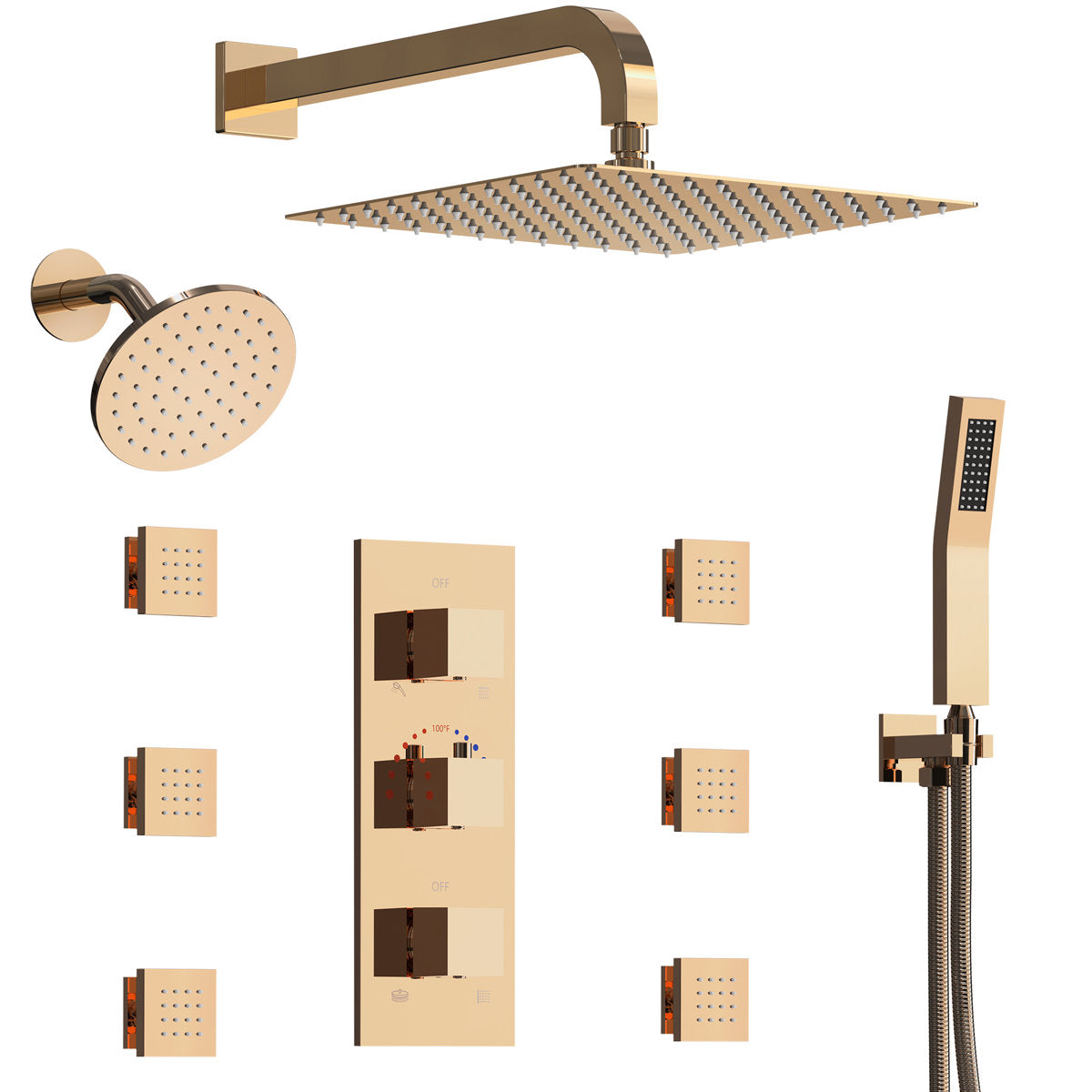 DualJetSpa 12" Wall-Mounted Thermostatic Shower System with Dual Showerheads, Handheld Shower and 6 Body Jets SFS-1017-GM12 - Rose Gold