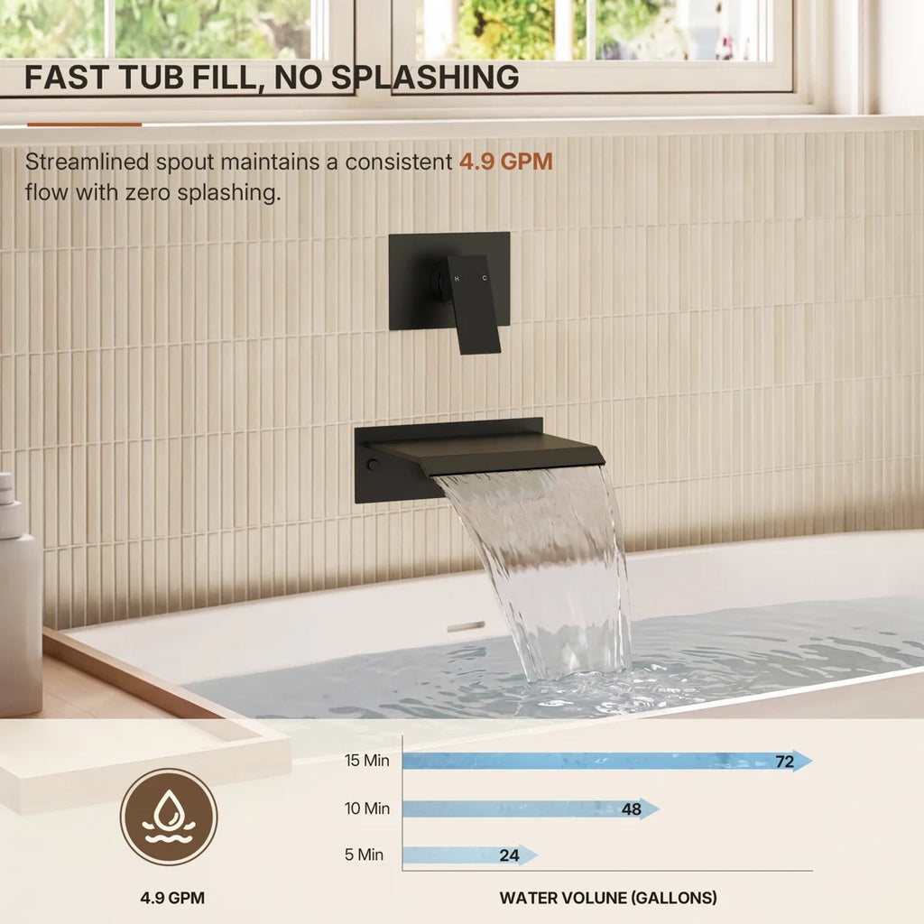 One Handle Wall Mount Waterfall Roman Tub Faucet LP91-YG - Matte Black