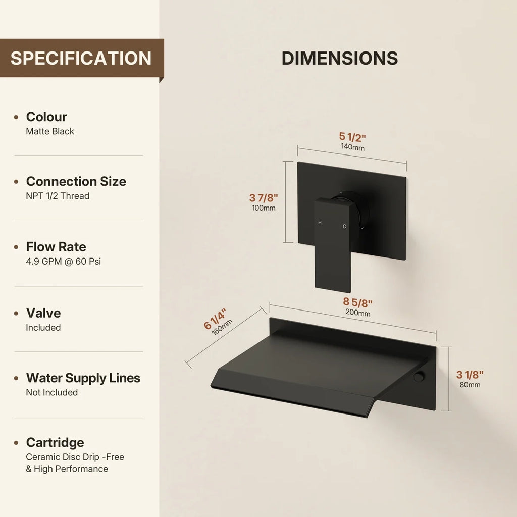 One Handle Wall Mount Waterfall Roman Tub Faucet LP91-YG - Matte Black