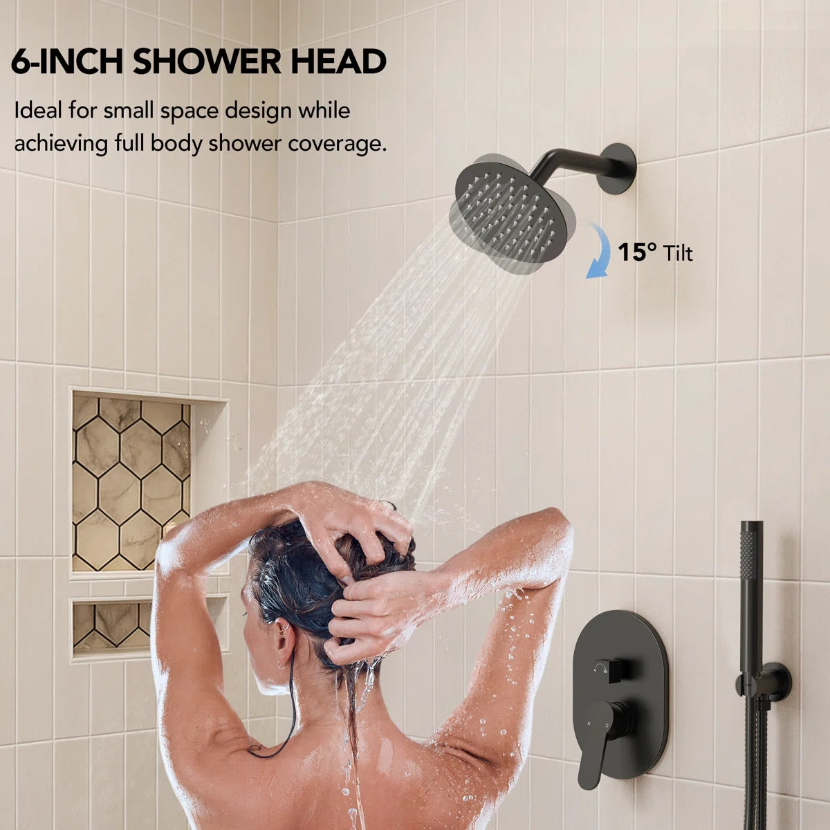 Pressure-Balanced Shower System, 6-Inch Rainfall Shower Faucet with Rough-in Valve LP0021-LY - Matte Black