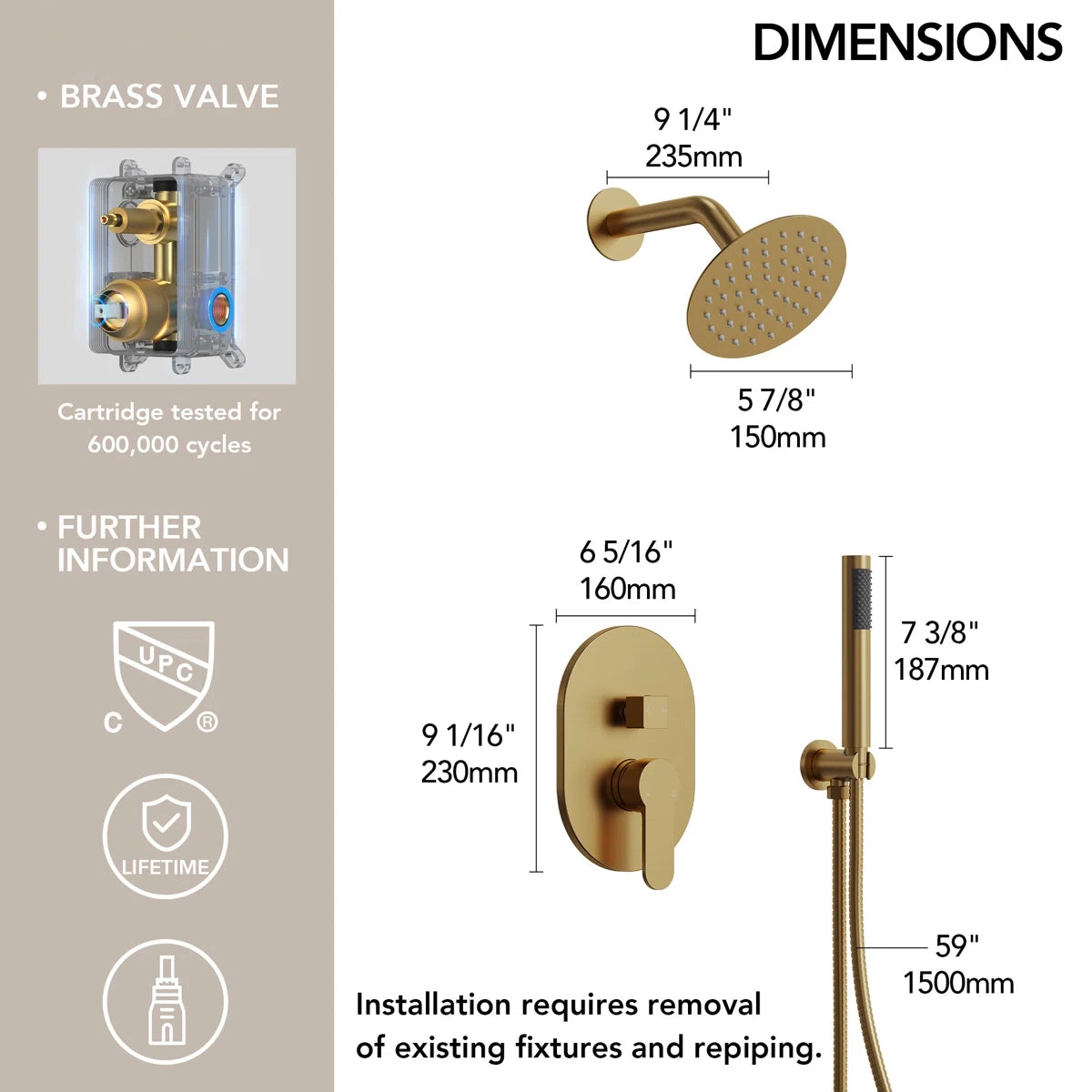 Pressure-Balanced Shower System, 6-Inch Rainfall Shower Faucet with Rough-in Valve LP003-LY - Brushed Gold