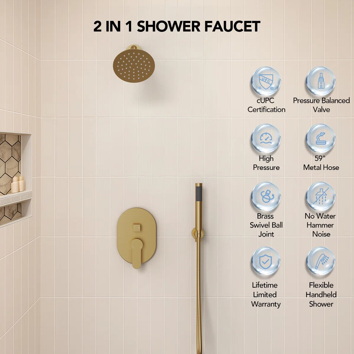 Pressure-Balanced Shower System, 6-Inch Rainfall Shower Faucet with Rough-in Valve LP003-LY - Brushed Gold