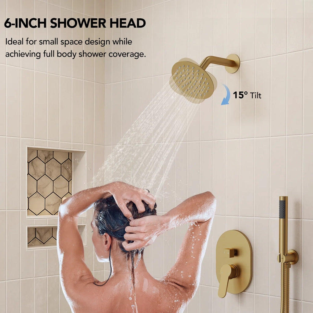 Pressure-Balanced Shower System, 6-Inch Rainfall Shower Faucet with Rough-in Valve LP003-LY - Brushed Gold