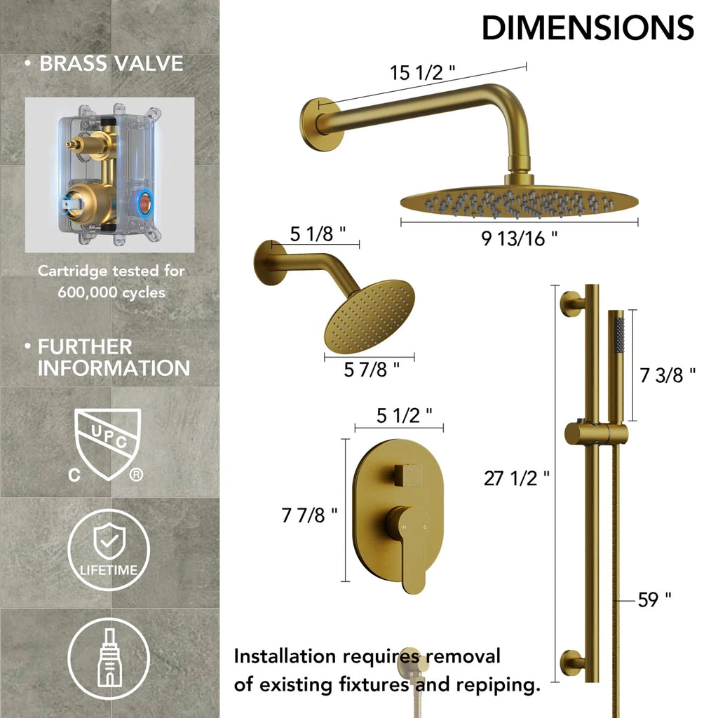 PressureBalanced Shower System, 10" Rainfall Dual Showerheads with Handheld Shower LP02332-LY - Brushed Gold