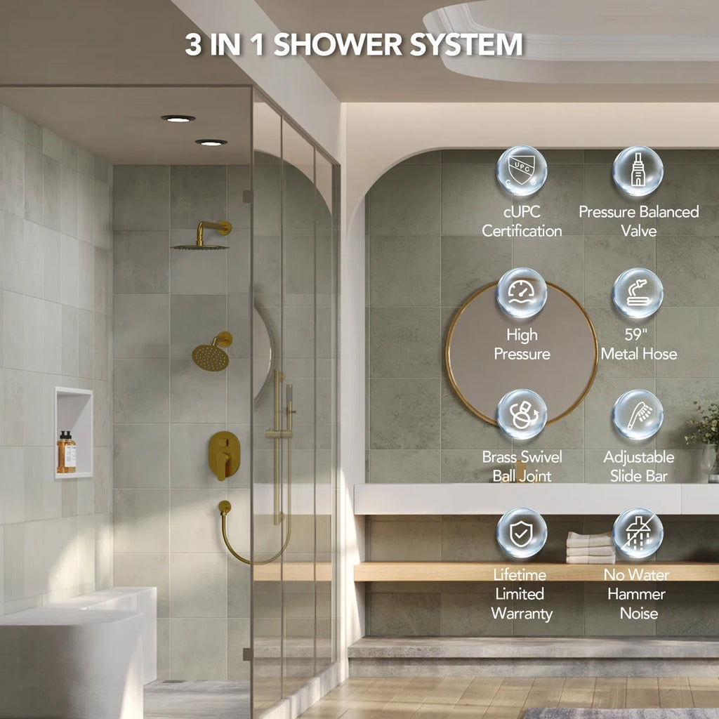 PressureBalanced Shower System, 10" Rainfall Dual Showerheads with Handheld Shower LP02332-LY - Brushed Gold
