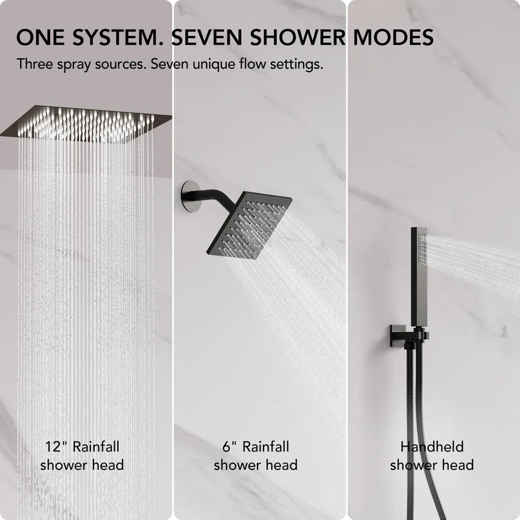 Thermostatic Dual Showerheads System, Ceiling Mount 12" LED Rainfall Shower Faucet with 6" Shower Head, Handheld Spray LP05336-LY - Matte Black