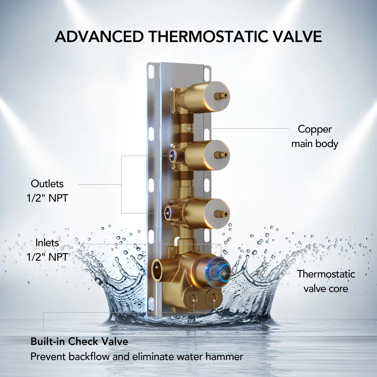 Thermostatic Dual Showerheads System, Ceiling Mount 12" LED Rainfall Shower Faucet with 6" Shower Head, Handheld Spray LP09901-LY - Brushed Gold