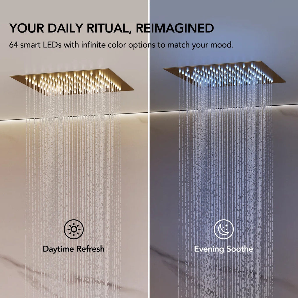 Thermostatic Dual Showerheads System, Ceiling Mount 12" LED Rainfall Shower Faucet with 6" Shower Head, Handheld Spray LP09901-LY - Brushed Gold