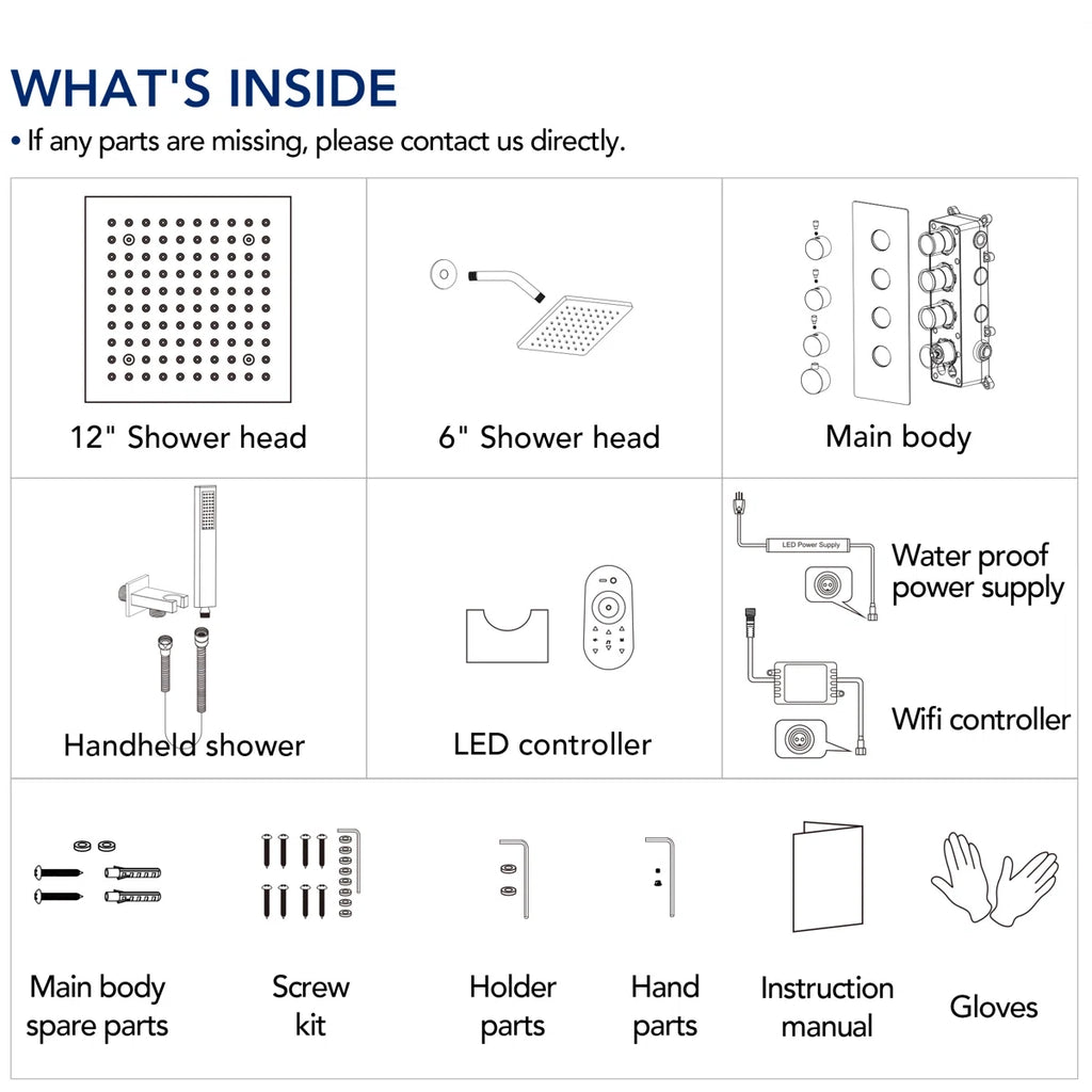 Thermostatic Dual Showerheads System, Ceiling Mount 12" LED Rainfall Shower Faucet with 6" Shower Head, Handheld Spray LP09901-LY - Brushed Gold
