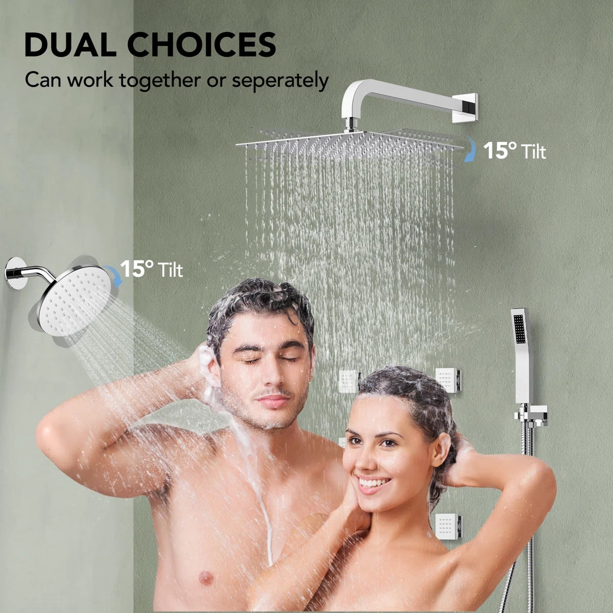 Thermostatic Dual Showerheads System, Wall Mount 12" High-Pressure Rainfall Shower Faucet with Handheld Spray and Body Jet LP05564-LY - Chrome