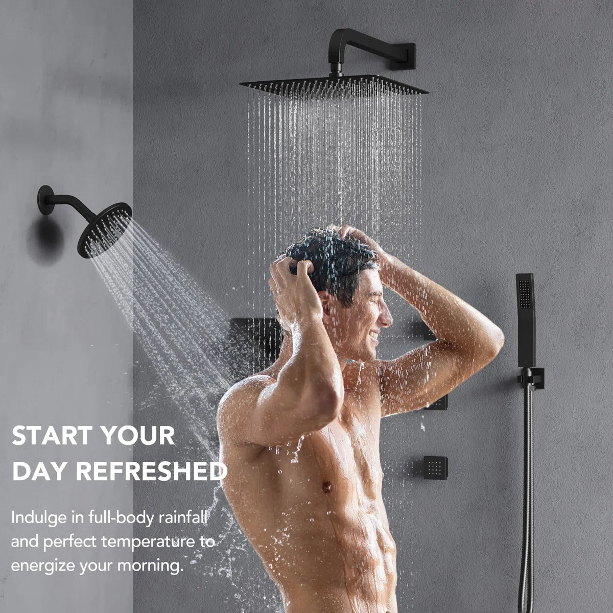 Thermostatic Dual Showerheads System, Wall Mount 12" High-Pressure Rainfall Shower Faucet with Handheld Spray and Body Jet LP99234-LY - Matte Black
