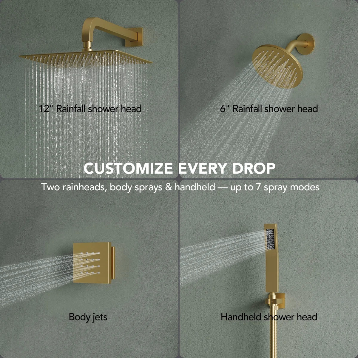 Thermostatic Dual Showerheads System, Wall Mount 12" High-Pressure Rainfall Shower Faucet with Handheld Spray and Body Jet LP0771-LY - Brushed Gold