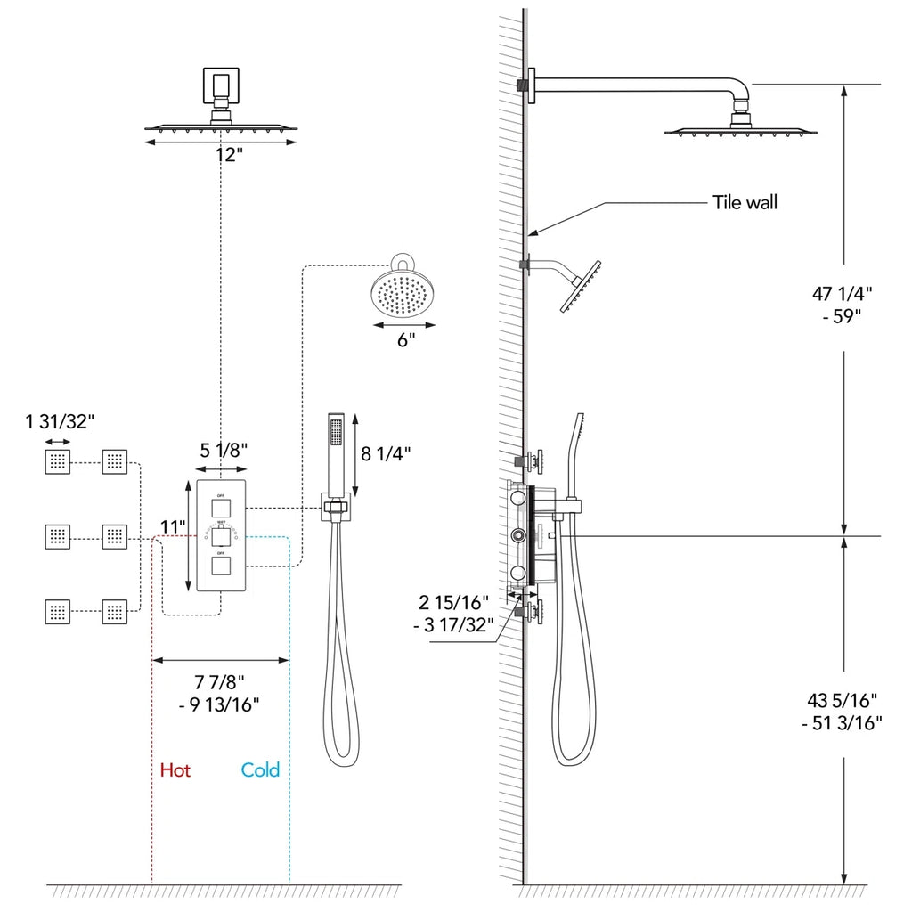Thermostatic Dual Showerheads System, Wall Mount 12" High-Pressure Rainfall Shower Faucet with Handheld Spray and Body Jet LP0771-LY - Brushed Gold