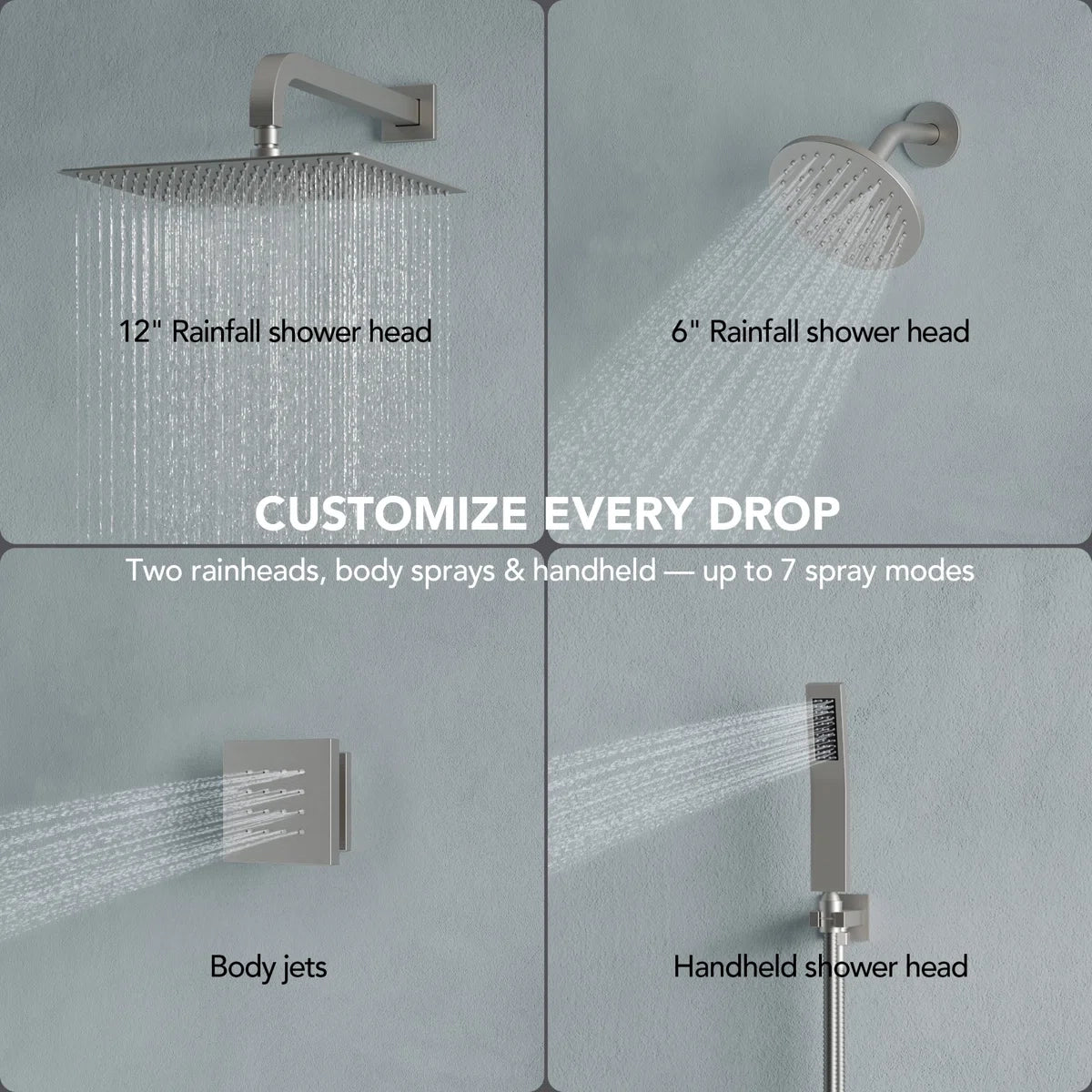 Thermostatic Dual Showerheads System, Wall Mount 12" High-Pressure Rainfall Shower Faucet with Handheld Spray and Body Jet LP09012-LY - Brushed Nickel