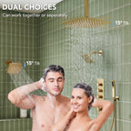 Thermostatic Shower System, Ceiling Mount 16" Rainfall Shower Faucet, 6" Wall Mount Dual Showerheads with Handheld Spray LP66878-LY - Brushed Gold