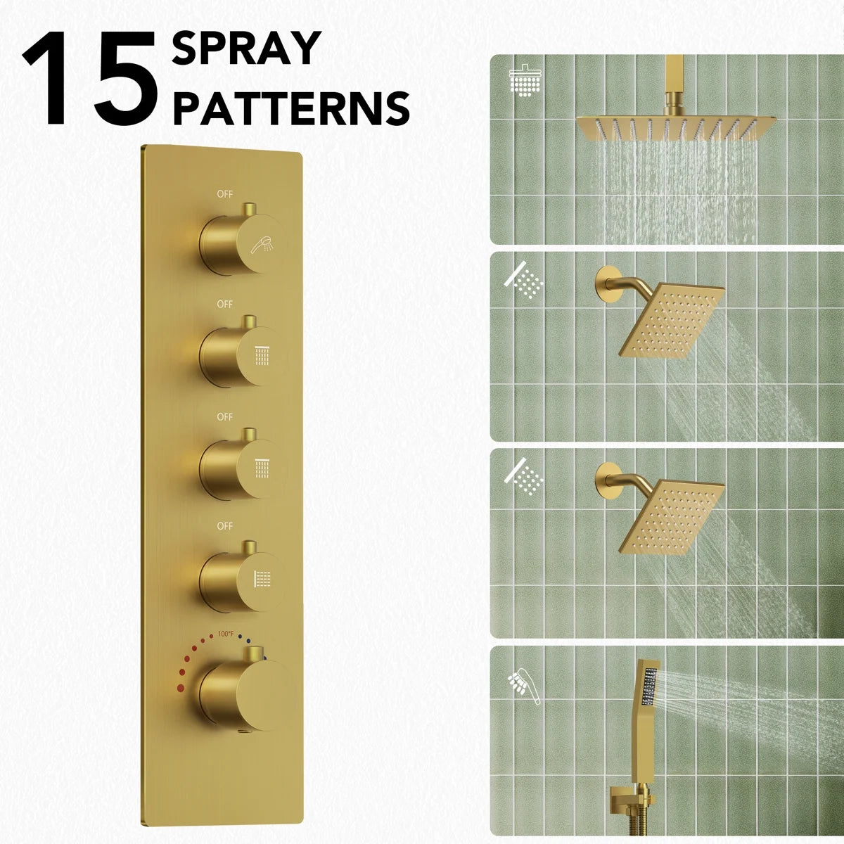 Thermostatic Shower System, Ceiling Mount 16" Rainfall Shower Faucet, 6" Wall Mount Dual Showerheads with Handheld Spray LP66878-LY - Brushed Gold