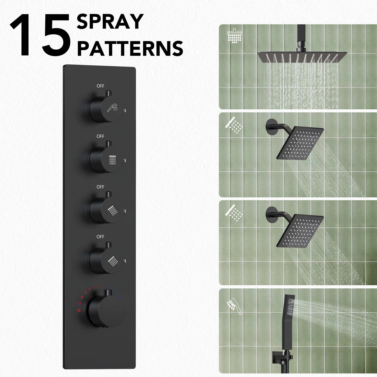 Thermostatic Shower System, Ceiling Mount 16" Rainfall Shower Faucet, 6" Wall Mount Dual Showerheads with Handheld Spray LP0996-LY - Matte Black