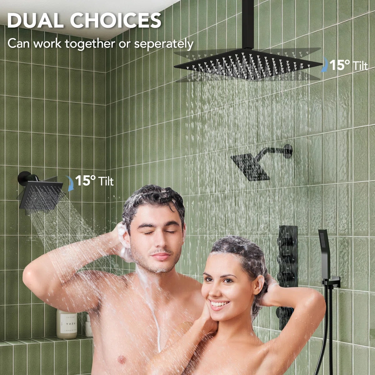 Thermostatic Shower System, Ceiling Mount 16" Rainfall Shower Faucet, 6" Wall Mount Dual Showerheads with Handheld Spray LP0996-LY - Matte Black