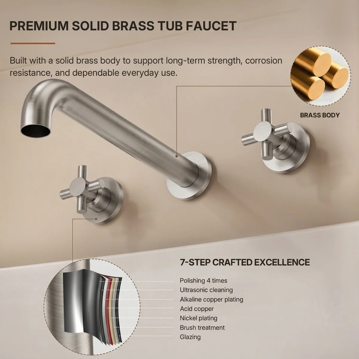 Two-Handle 3-Hole Wall Mounted Roman Tub Faucet Bathtub FillerLP078-YG - Brushed Nickel