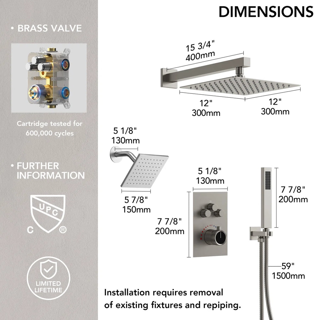 Wall Mount 12" High-Pressure Rainfall Shower Faucet, Dual Rainfall Shower Head System with Thermostatic Valve LP099712-LY - Brushed Nickel