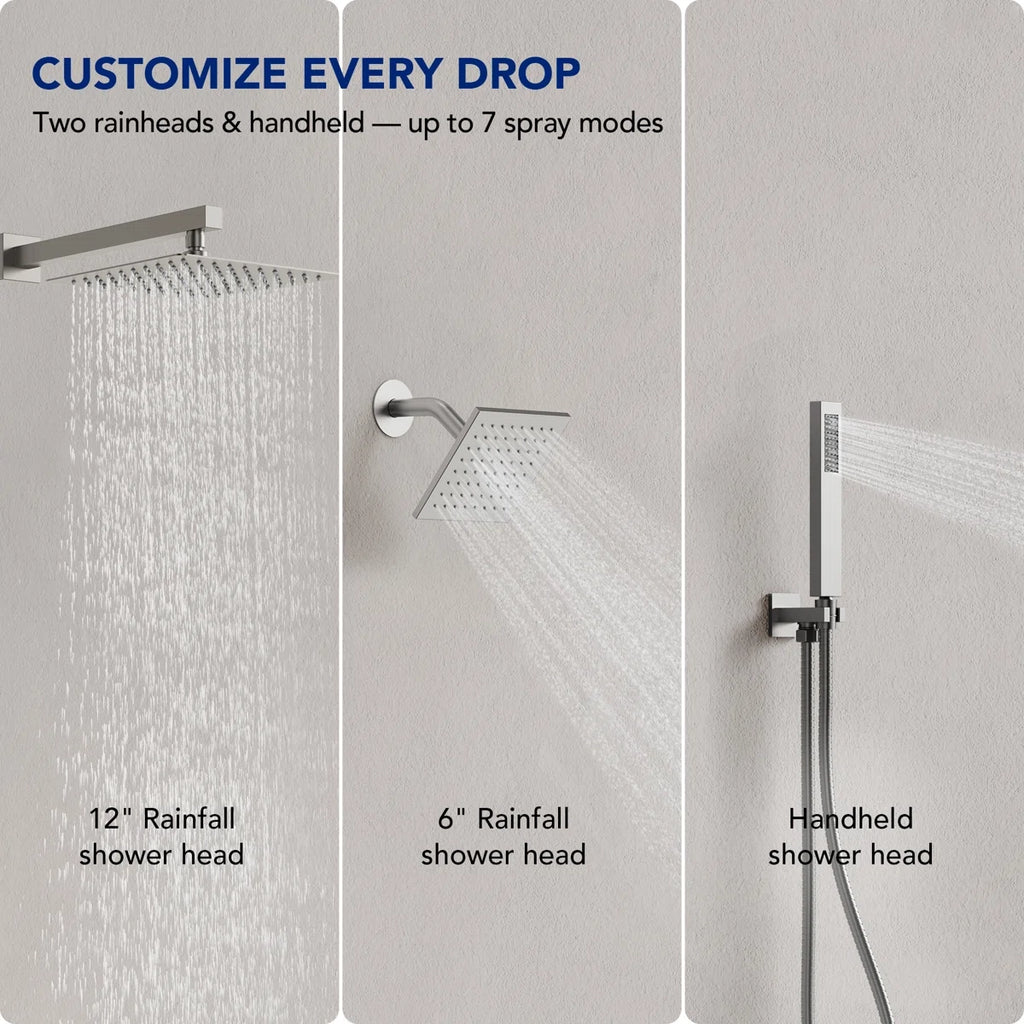 Wall Mount 12" High-Pressure Rainfall Shower Faucet, Dual Rainfall Shower Head System with Thermostatic Valve LP099712-LY - Brushed Nickel