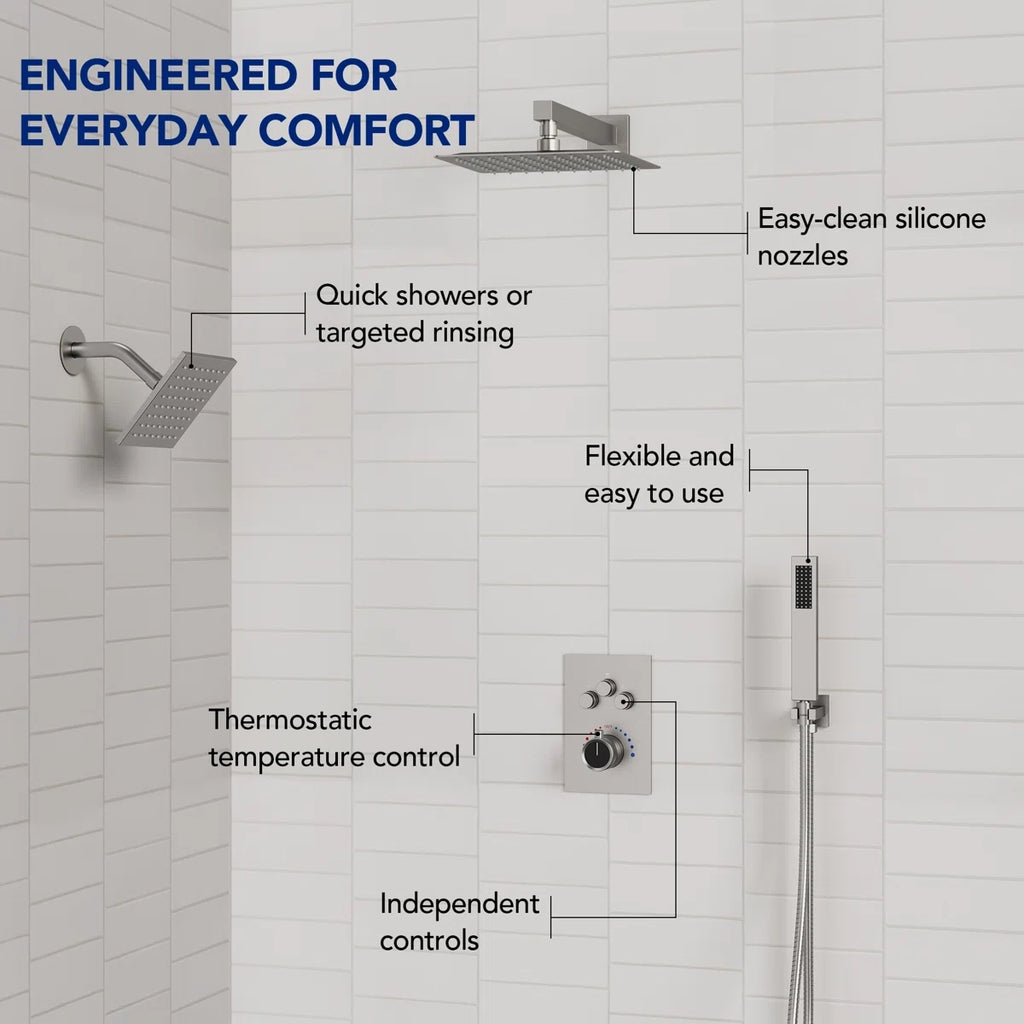 Wall Mount 12" High-Pressure Rainfall Shower Faucet, Dual Rainfall Shower Head System with Thermostatic Valve LP099712-LY - Brushed Nickel