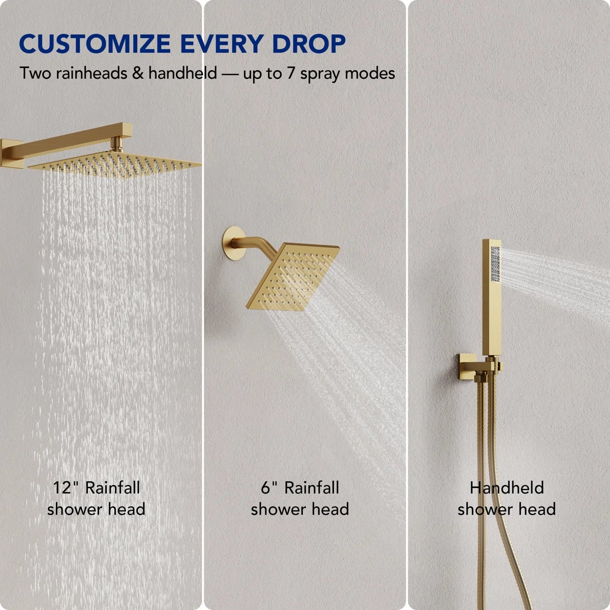 Wall Mount 12" High-Pressure Rainfall Shower Faucet, Dual Rainfall Shower Head System with Thermostatic Valve LP0889-LY - Brushed Gold