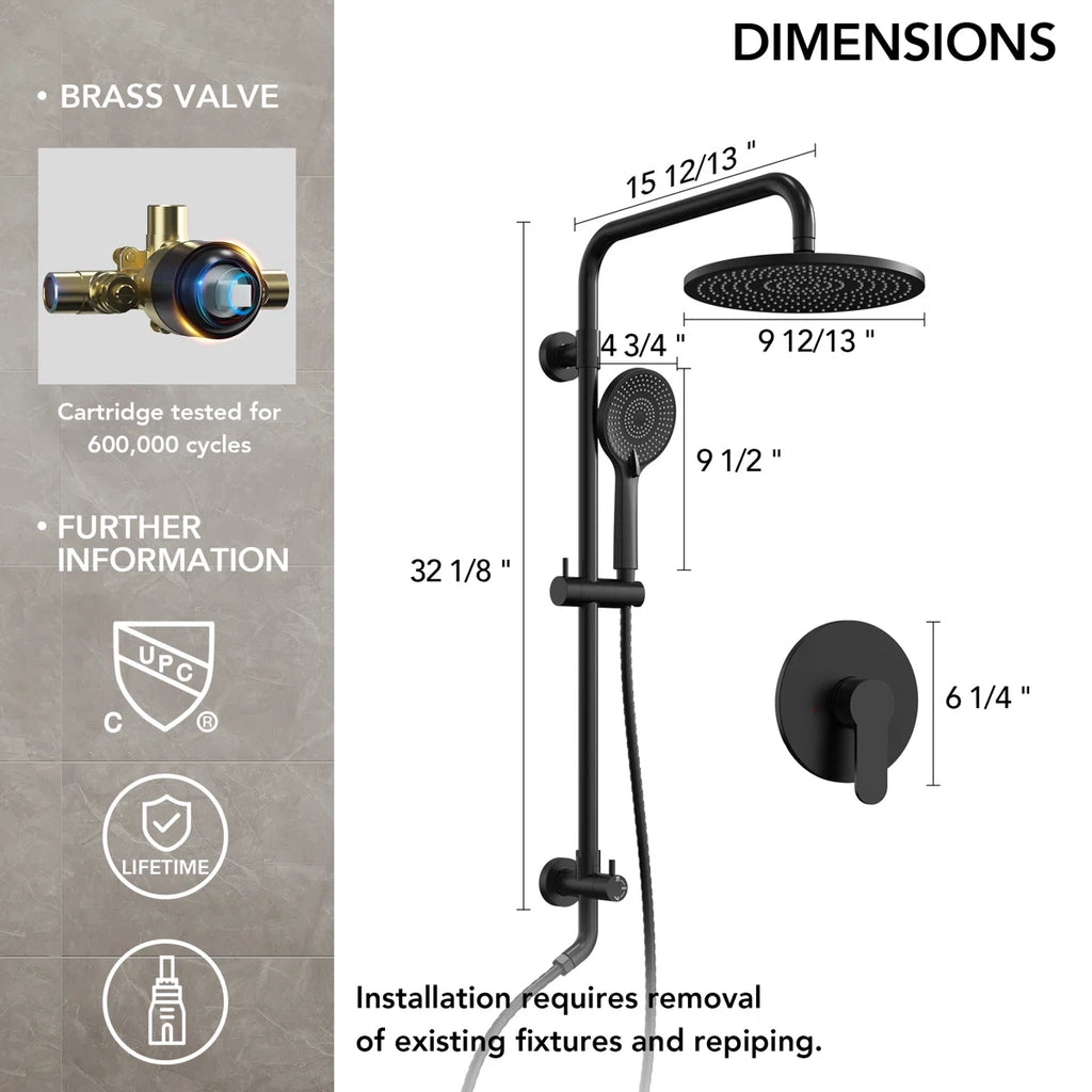 Wall Mount Pressure-Balanced Shower System,10" Rainfall Shower Head with Slider Bar Handheld Spray LP1336-LY - Matte Black