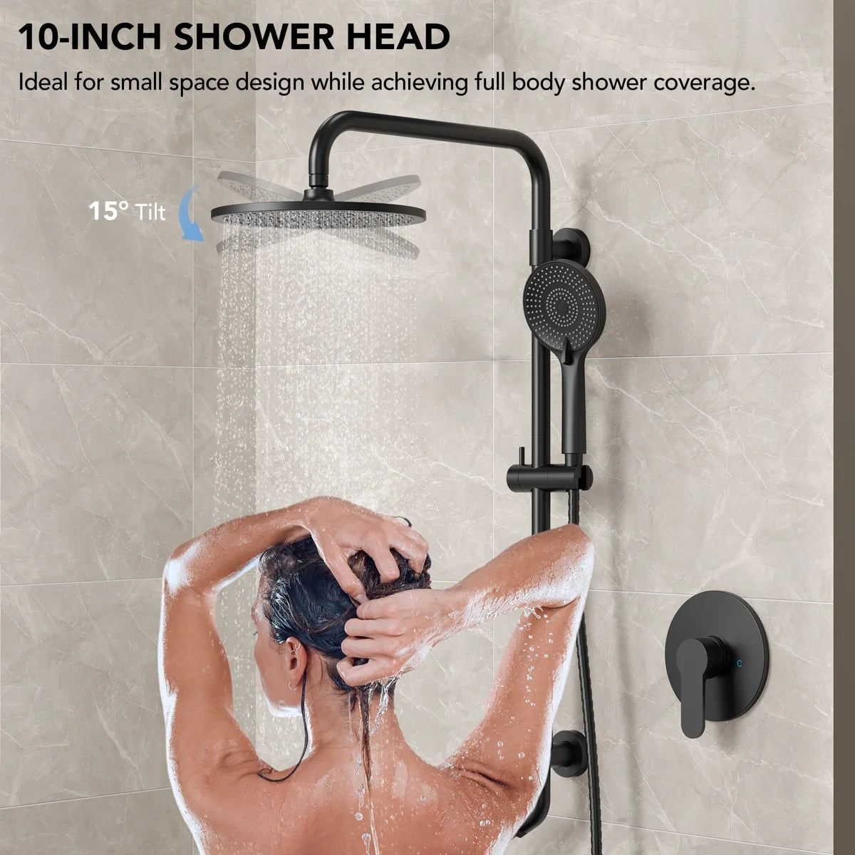 Wall Mount Pressure-Balanced Shower System,10" Rainfall Shower Head with Slider Bar Handheld Spray LP1336-LY - Matte Black