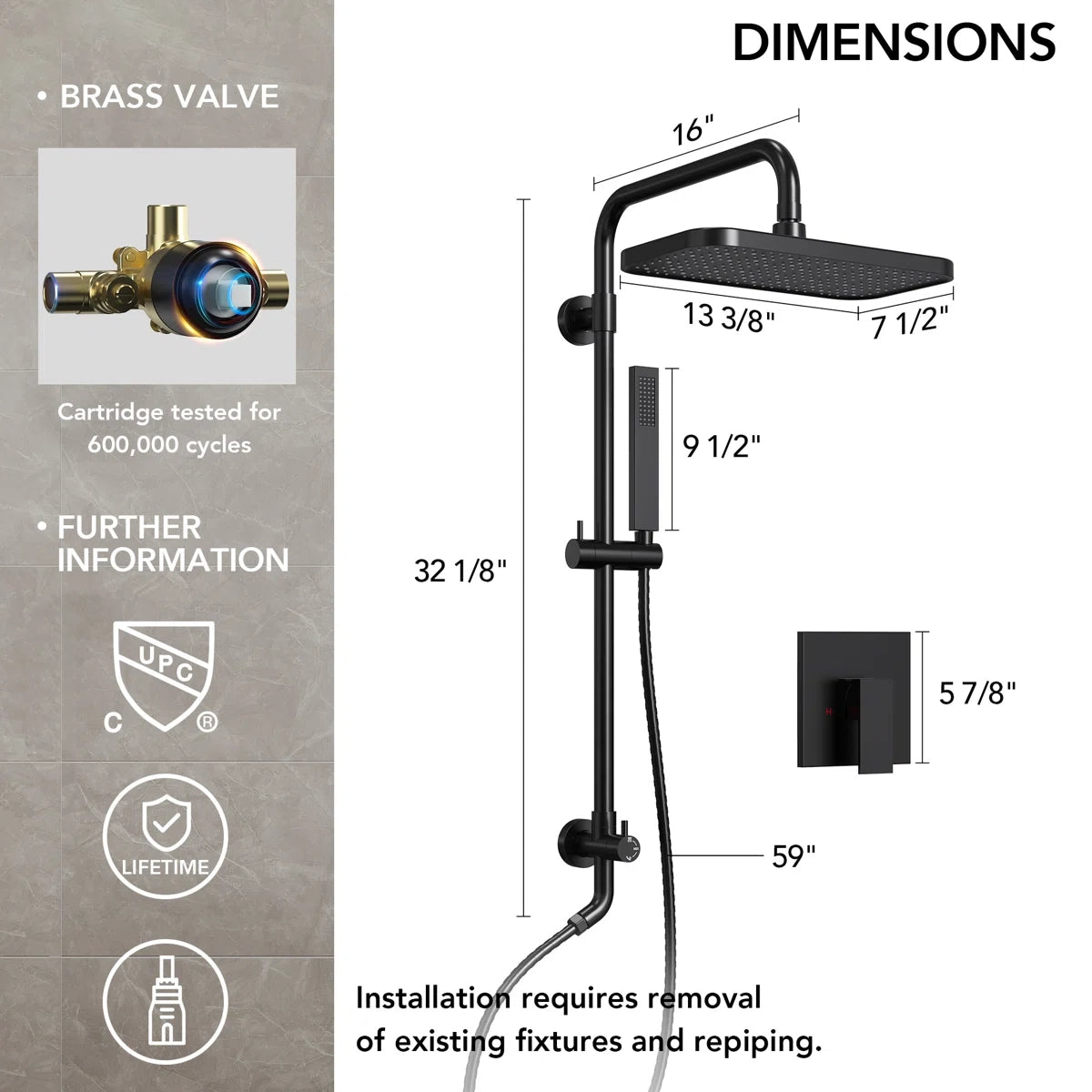 Wall Mount Pressure-Balanced Shower System, 13" Rainfall Shower Head with Slider Bar Handheld Spray LP05578-LY - Matte Black
