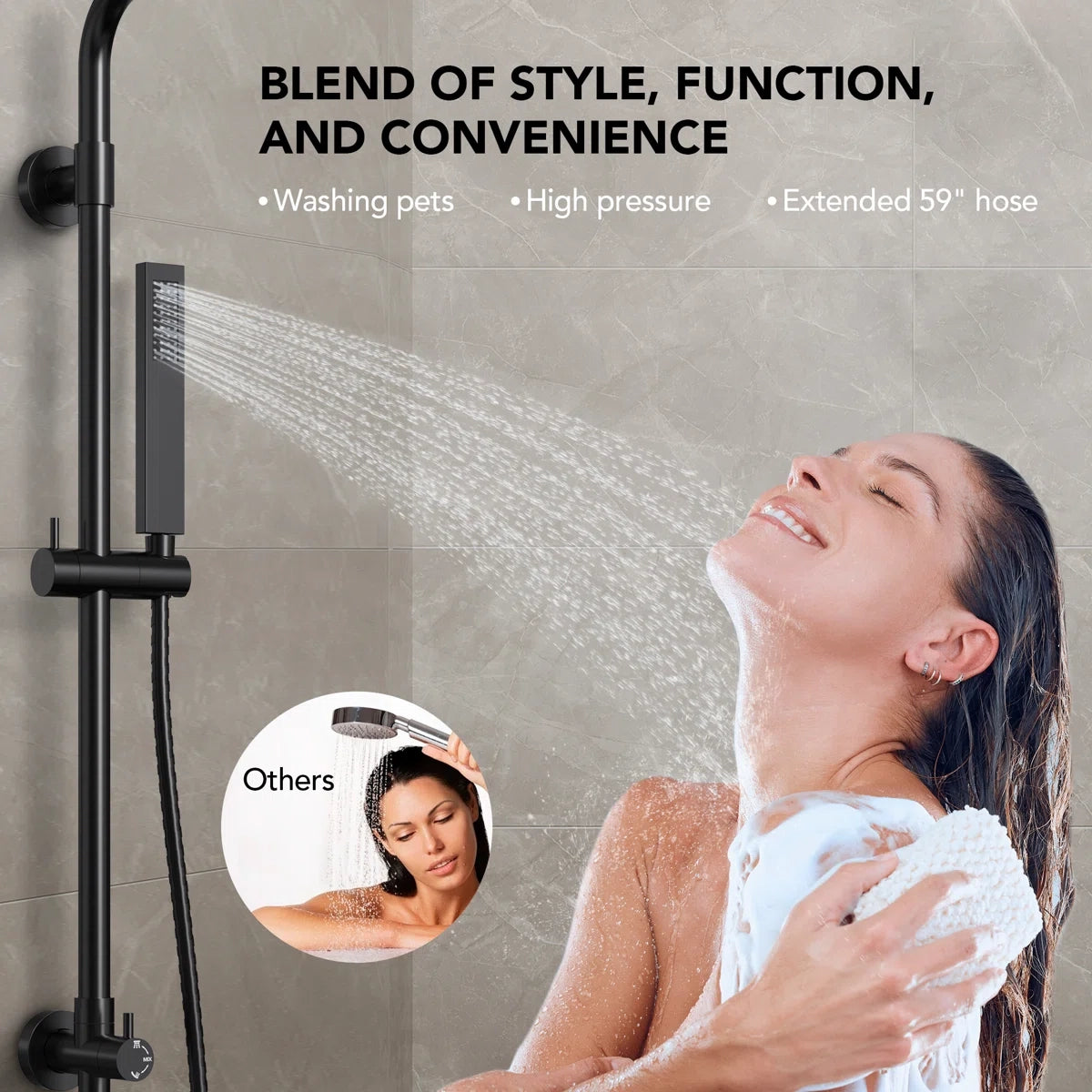 Wall Mount Pressure-Balanced Shower System, 13" Rainfall Shower Head with Slider Bar Handheld Spray LP05578-LY - Matte Black