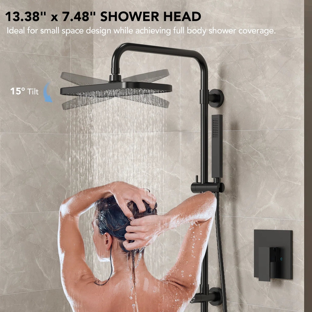 Wall Mount Pressure-Balanced Shower System, 13" Rainfall Shower Head with Slider Bar Handheld Spray LP05578-LY - Matte Black