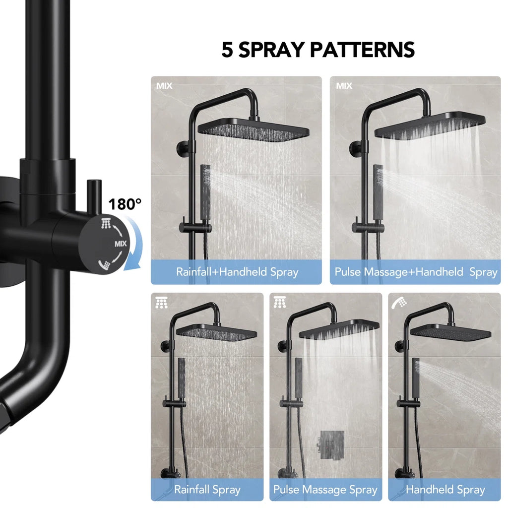 Wall Mount Pressure-Balanced Shower System, 13" Rainfall Shower Head with Slider Bar Handheld Spray LP05578-LY - Matte Black