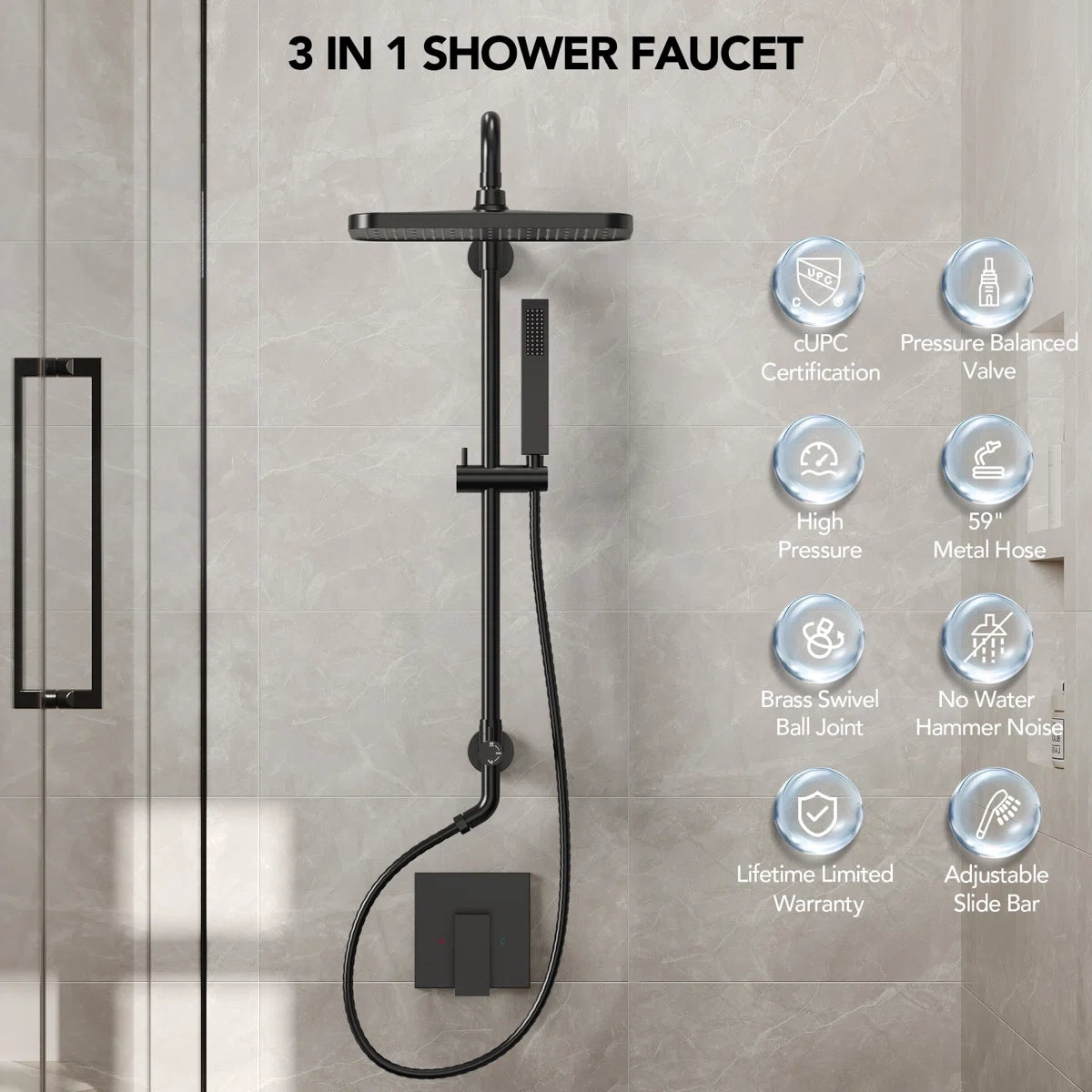 Wall Mount Pressure-Balanced Shower System, 13" Rainfall Shower Head with Slider Bar Handheld Spray LP05578-LY - Matte Black