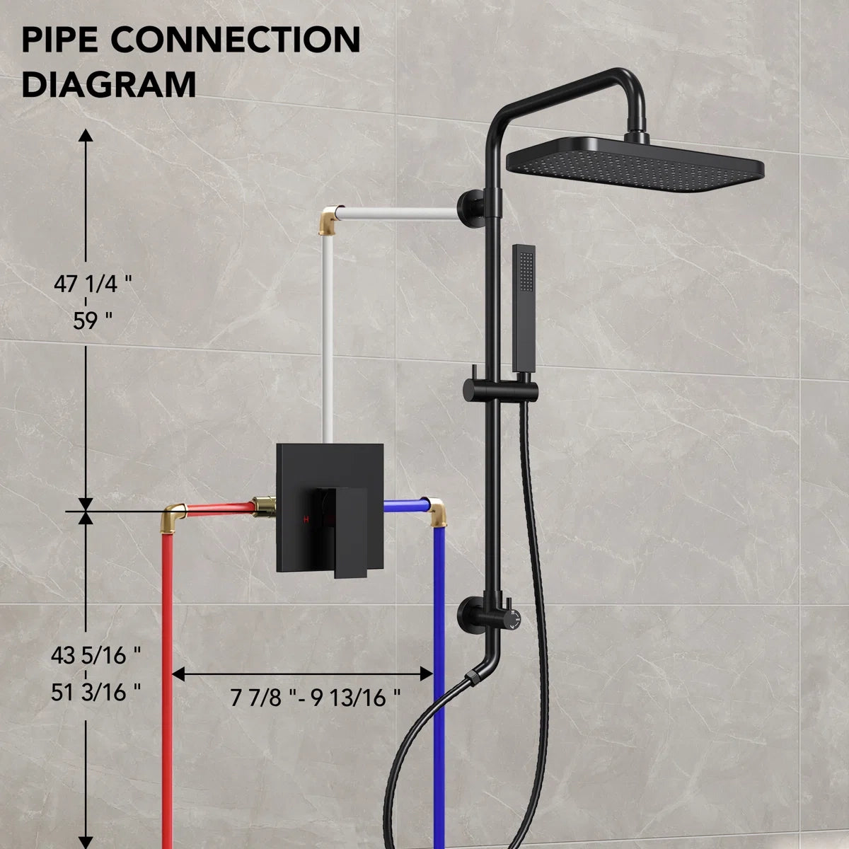 Wall Mount Pressure-Balanced Shower System, 13" Rainfall Shower Head with Slider Bar Handheld Spray LP05578-LY - Matte Black