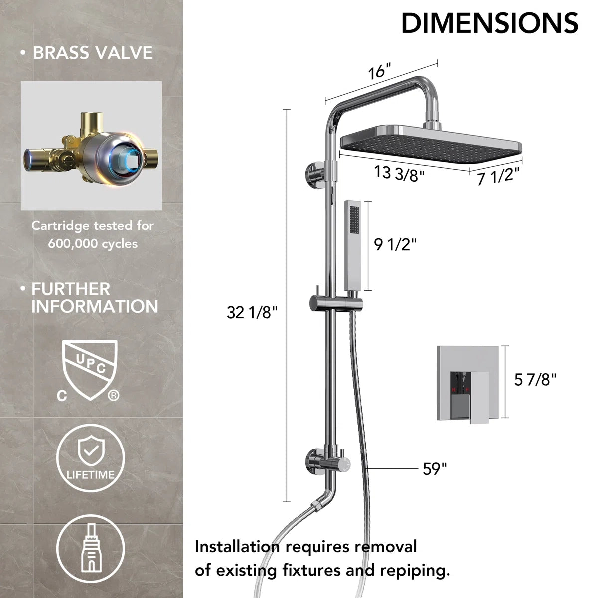 Wall Mount Pressure-Balanced Shower System, 13" Rainfall Shower Head with Slider Bar Handheld Spray LP0665-LY - Chrome