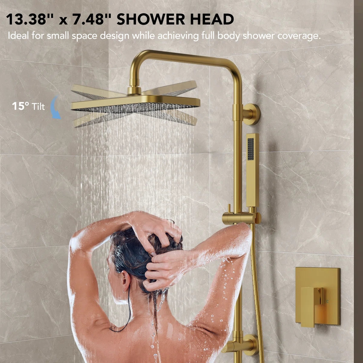 Wall Mount Pressure-Balanced Shower System, 13" Rainfall Shower Head with Slider Bar Handheld Spray LP102-LY - Brushed Gold