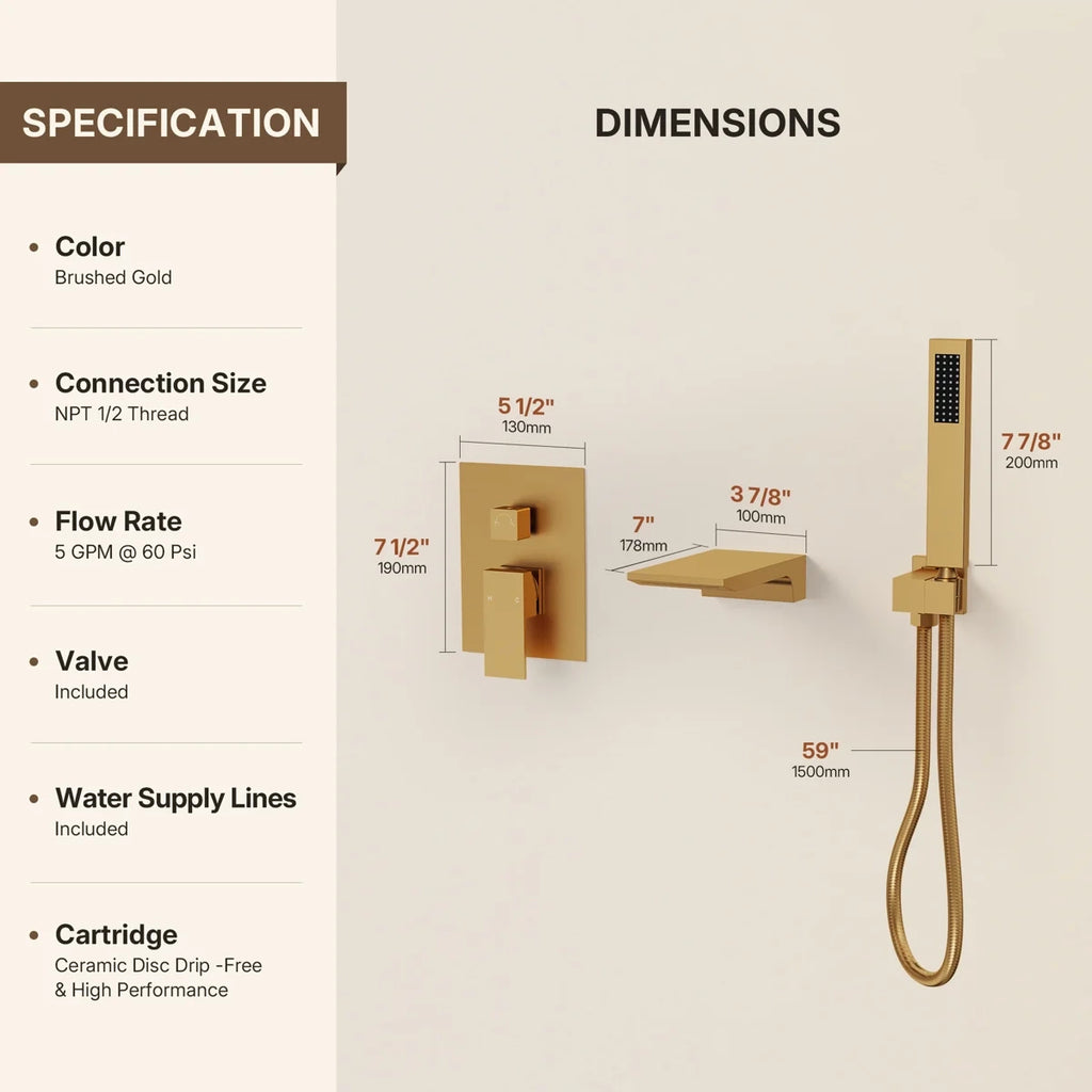 Wall Mount Waterfall Tub Faucet with Pressure Balance Valve and Hand Shower LP2234908-YG - Brushed Gold