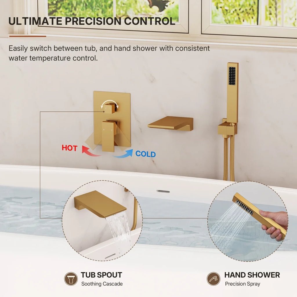 Wall Mount Waterfall Tub Faucet with Pressure Balance Valve and Hand Shower LP2234908-YG - Brushed Gold