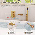 Wall Mount Waterfall Tub Faucet with Pressure Balance Valve and Hand Shower LP2234908-YG - Brushed Gold