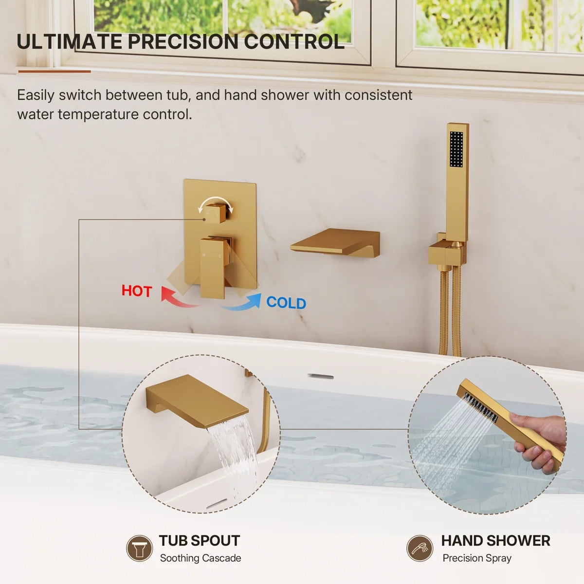 Wall Mount Waterfall Tub Faucet with Pressure Balance Valve and Hand Shower LP2234908-YG - Brushed Gold