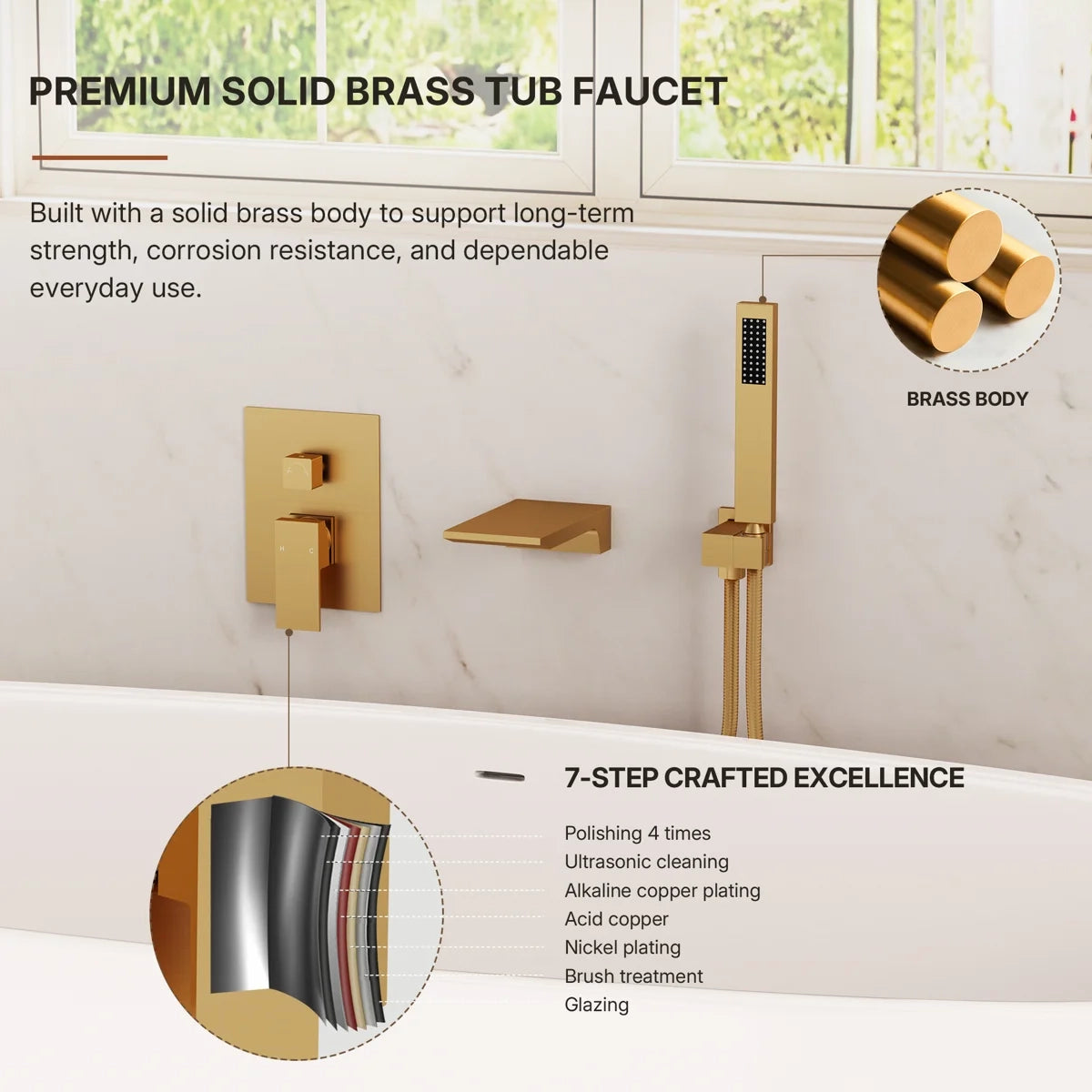 Wall Mount Waterfall Tub Faucet with Pressure Balance Valve and Hand Shower LP2234908-YG - Brushed Gold
