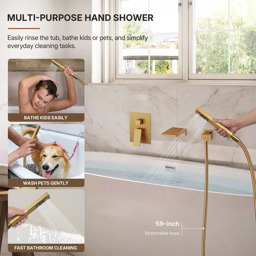 Wall Mount Waterfall Tub Faucet with Pressure Balance Valve and Hand Shower LP2234908-YG - Brushed Gold