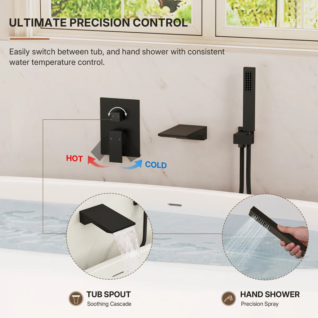 Wall Mount Waterfall Tub Faucet with Pressure Balance Valve and Hand Shower LP22109-YG - Matte Black