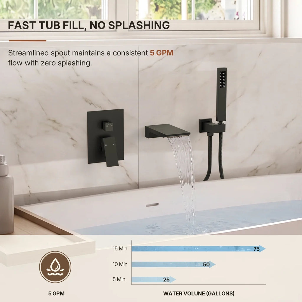 Wall Mount Waterfall Tub Faucet with Pressure Balance Valve and Hand Shower LP22109-YG - Matte Black
