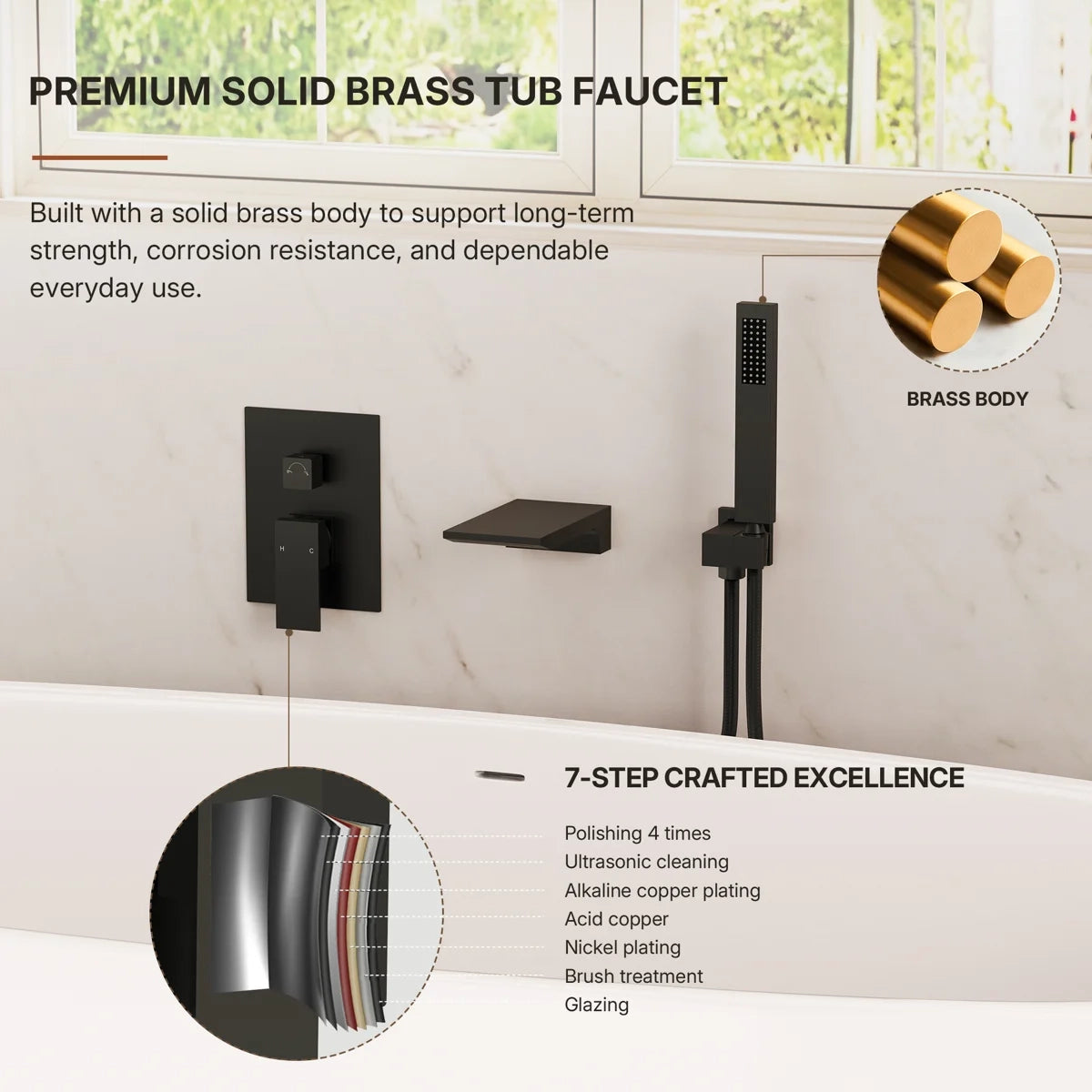 Wall Mount Waterfall Tub Faucet with Pressure Balance Valve and Hand Shower LP22109-YG - Matte Black