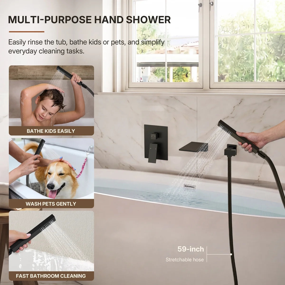Wall Mount Waterfall Tub Faucet with Pressure Balance Valve and Hand Shower LP22109-YG - Matte Black